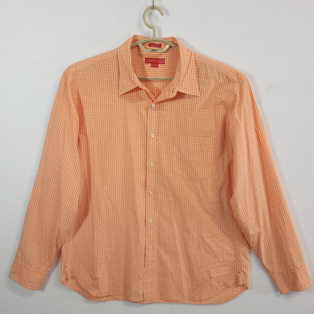 J. Crew Button Up Mens XL Orange Gingham Scoop NYC Cotton Long Sleeve Shirt